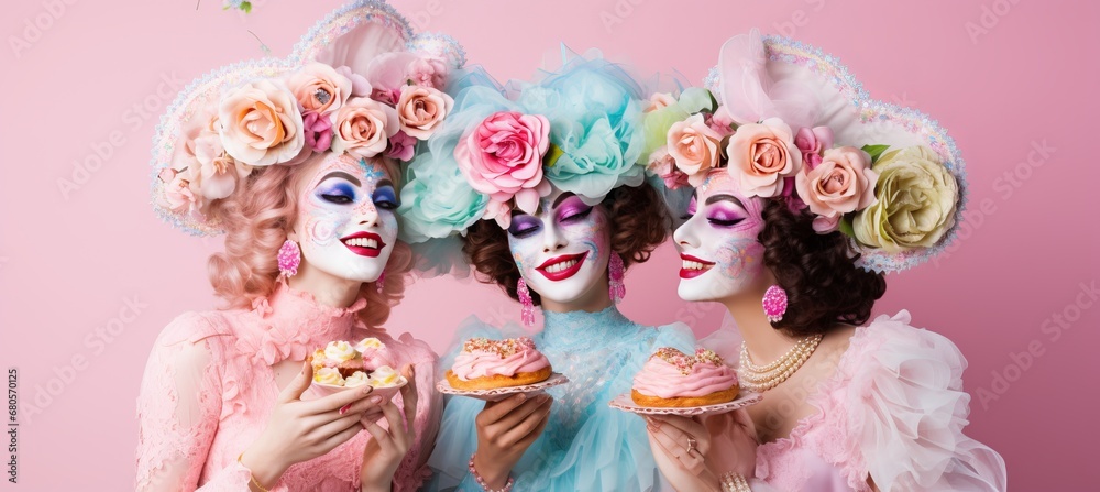 Colorful venetian carnival women in traditional costumes with copy space on solid background Colorful venetian carnival women in traditional costumes with copy space on solid background
