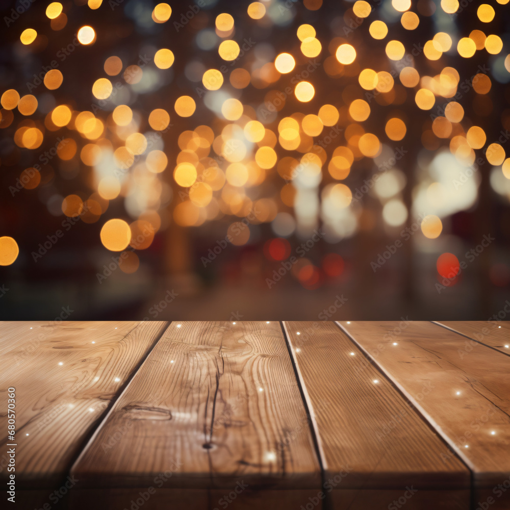 Empty wooden table and blurred background of hall of stage bar or cafe with bokeh lights Empty wooden table and blurred background of hall of stage bar or cafe with bokeh lights