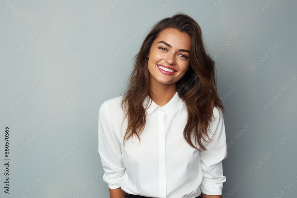 Portrait of a cheerful woman in her 20s wearing a classic white shirt against a plain cyclorama studio wall. AI Generation Portrait of a cheerful woman in her 20s wearing a classic white shirt against a plain cyclorama studio wall. AI Generation