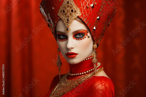 Elegant woman wearing venetian carnival costume on vibrant background with copy space