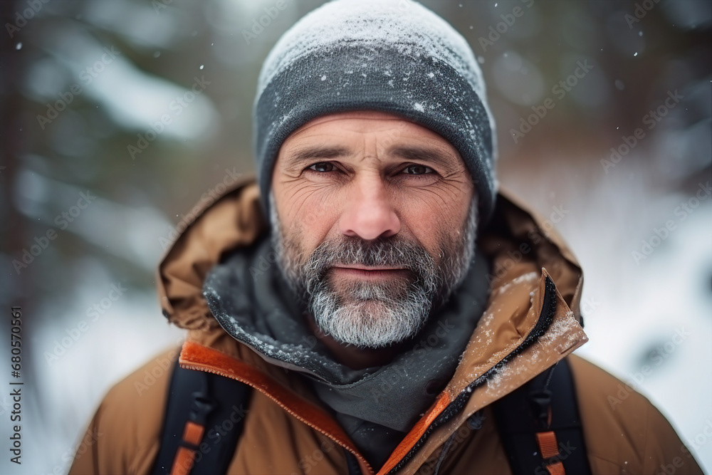 Bearded man guy enjoying wonderful winter weather snowy forest hiker Generative AI Bearded man guy enjoying wonderful winter weather snowy forest hiker Generative AI