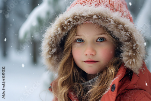 Generative AI portrait of young cute child in snowy forest park tree magic atmosphere