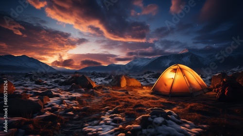  a solitary tent glowing warmly against the backdrop of a stunning twilight sky, with snow-covered rocks around it, set in a vast mountainous landscape.