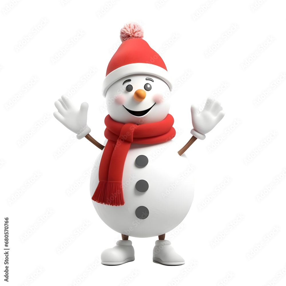 3D Cute Snowman isolated on transparent