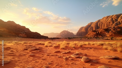 Desert Landscape of Wadi Rum in Jordan, with a sunset, stones, bushes and the sky