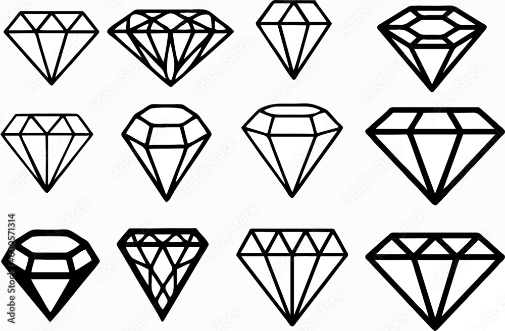  Abstract black diamond collection icons. A set of diamonds. Linear outline sign. Editable vector, reuse in designing jewellery related flyer, poster or exhibition. Easy to change color or manipulate. - obrazy, fototapety, plakaty 