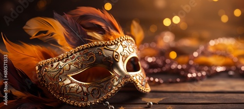 Vibrant venetian carnival background with main carnival attributes and copy space for text placement © Ilja