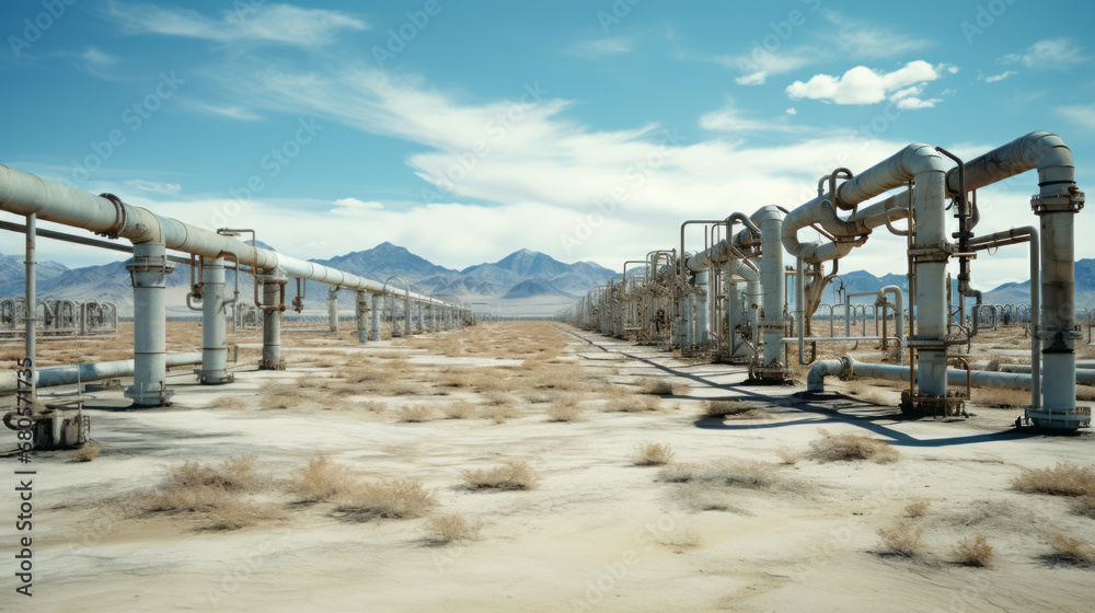 Parallel pipelines running through a dry desert landscape under a clear sky. Energy distribution concept. Generative AI