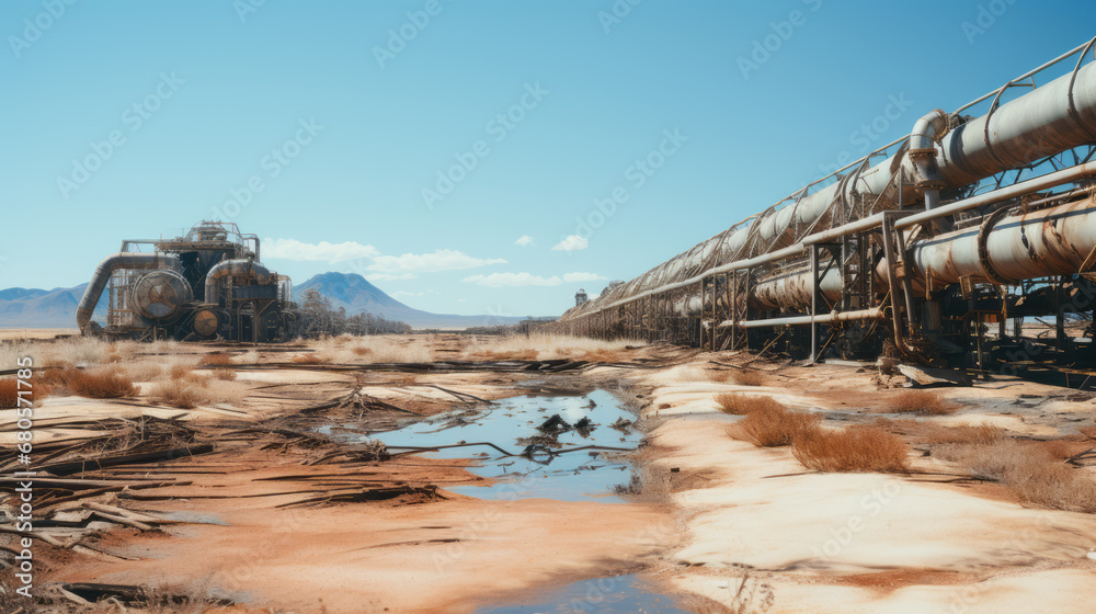 Abandoned oil refinery in desert with dilapidated structures. Market decline concept. Generative AI