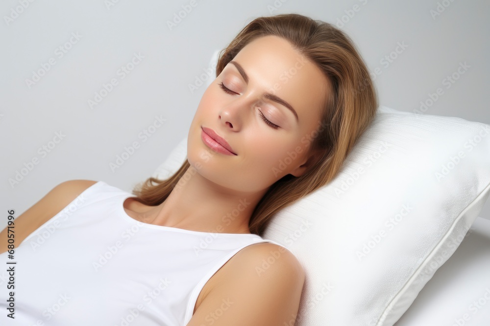 Sweet Dreams: Serene Woman Resting on a Soft Pillow with Closed Eyes Sweet Dreams: Serene Woman Resting on a Soft Pillow with Closed Eyes