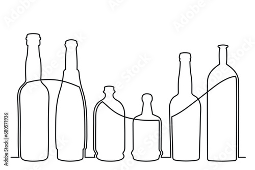 Sketch drawing of a bottle of different shapes in the style of one solid continuous line. Collection of alcoholic drinks