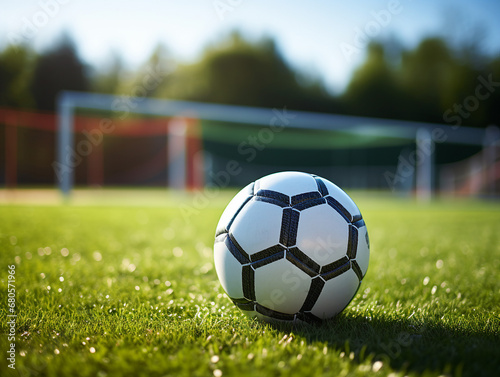 Soccer ball on the green grass of stadium