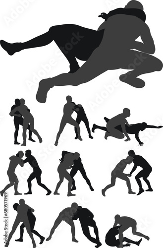 Set of silhouettes athletes wrestler in wrestling, fighting. Greco Roman wrestling, fight, combating, struggle, grappling, duel, mixed martial art, sportsmanship photo