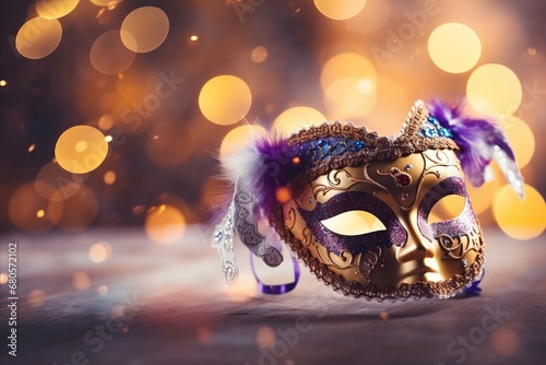 Vivid venetian carnival background with key attributes, text space, and blurred solid color backdrop