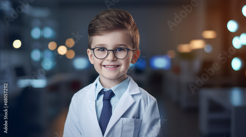 A handsome boy in a doctor costume pretending he is a medical student. Night bokeh background. Future job orientation concept. Ai generative.