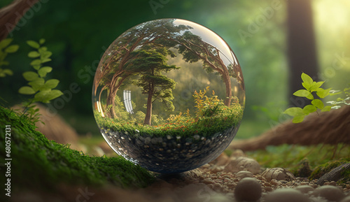 Crystal glass earth globe. Environmental protection.Generative AI