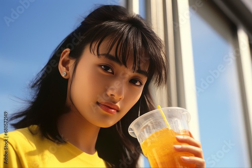 Refreshing Morning Sip: Young Woman Enjoying a Plastic Cup of Zesty Orange Juice