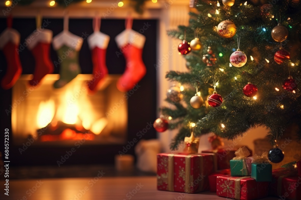 Festive Christmas Tree with Colorful Stockings Hanging