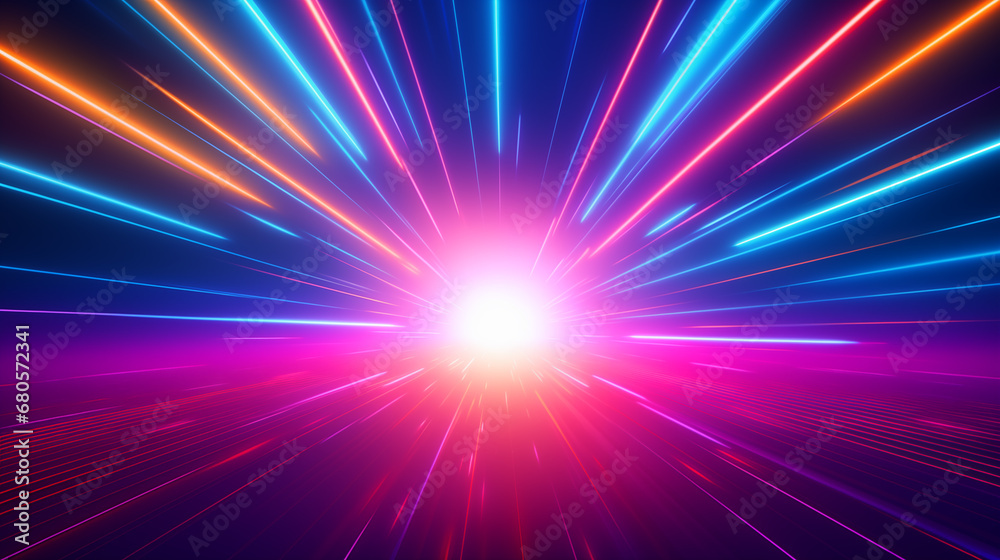 Fototapeta premium Abstract colorful background with rays. Synth-wave wallpaper. Forward motion to sunset. Retro futuristic design with neon lights. AI-generated background