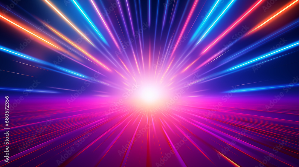 Abstract colorful background with rays. Synth-wave wallpaper. Forward motion to sunset. Retro futuristic design with neon lights. AI-generated background