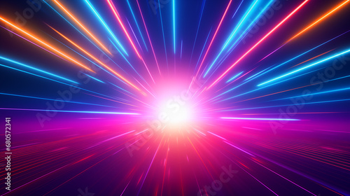 Abstract colorful background with rays. Synth-wave wallpaper. Forward motion to sunset. Retro futuristic design with neon lights. AI-generated background