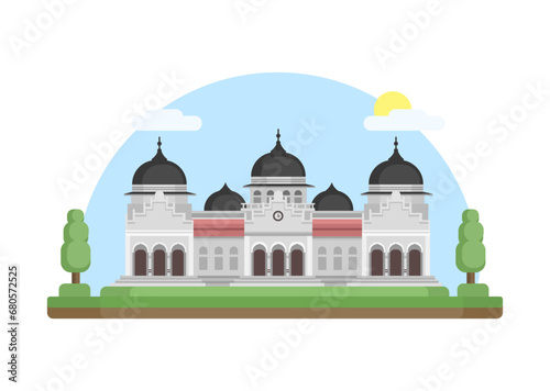 Baiturrahman Grand Mosque Aceh, Indonesia Landmark Building Flat Design illustration Vector