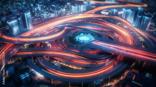 Aerial view of a circular highway interchange with vibrant orange light trails in a bustling city. Urban connectivity concept. Generative AI