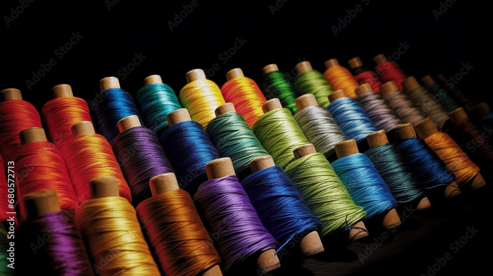 Colorful thread spool background, close-up. Generative AI Colorful thread spool background, close-up. Generative AI