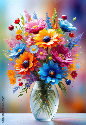 art illustration of a beautiful colorful bunsch of flowers. generative ai