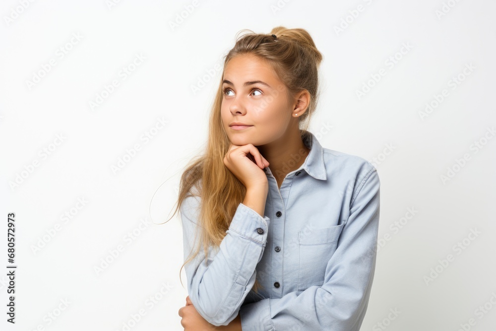 A Captivating Portrait of a Woman in a Blue Shirt Posing for a Picture A Captivating Portrait of a Woman in a Blue Shirt Posing for a Picture