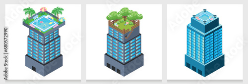 set of isometric green skyscrapers with a park, a rooftop pool and wooden pillars. vector illustration isolated on white background. Sale and rental of real estate. Large building concept. 
