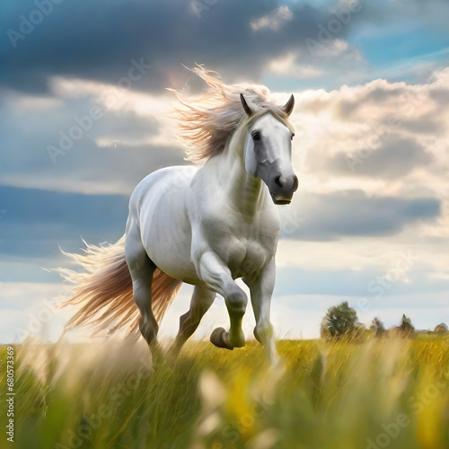 white horse with long hair running in zoom in a large grass field view  cloudy sky  colorful nature 