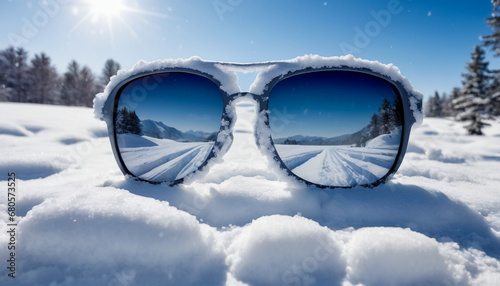 A pair of sunglasses on white snow, a snowy field reflected in those glasses.