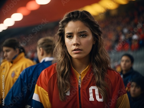 Realistic photograph featuring a young woman draped in her team's colors, displaying a look of sheer disappointment after her team's loss. 