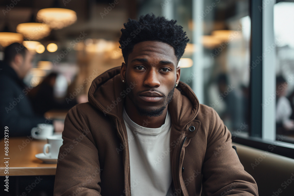 Generative AI portrait of confident city citizen person enjoying weekend time drinking coffee in modern cafe Generative AI portrait of confident city citizen person enjoying weekend time drinking coffee in modern cafe