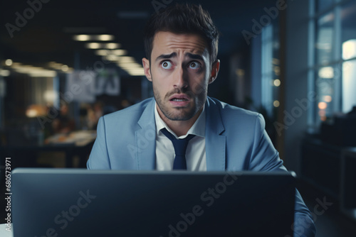 A man looking at a computer screen in disbelief, shocked and confused expression