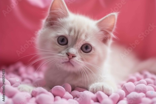 Cute kitten in pink hearts - Valentine's Day concept generative AI technology