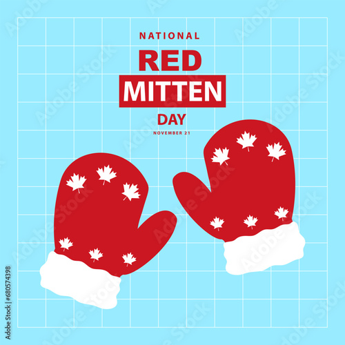 Red Mitten Day on november 21, A pair of red mittens with Canadian motifs vector illustration and text isolated on blue sky background for commemorate and celebrate Red Mitten Day located in Canada.