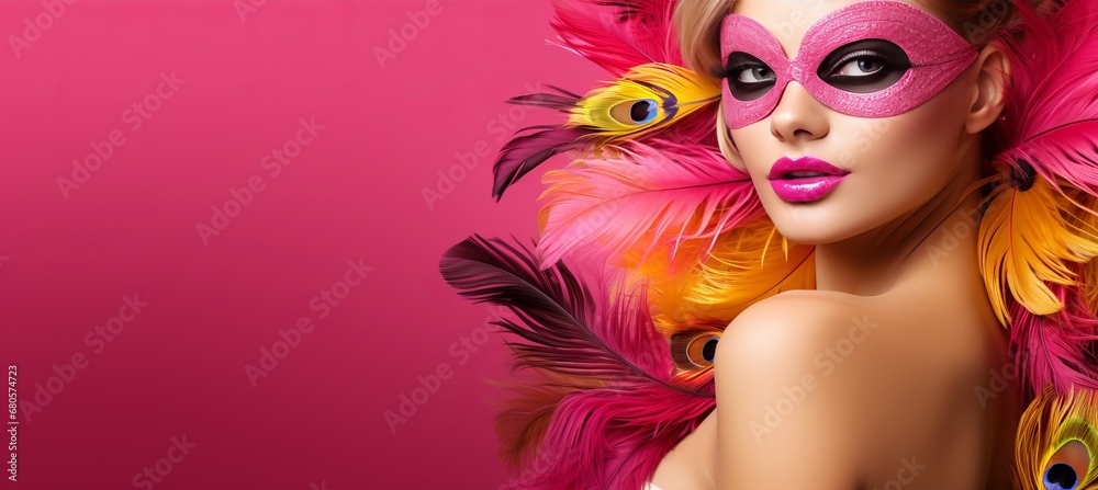 Alluring woman in vibrant carnival mask on solid background with copy space for text placement