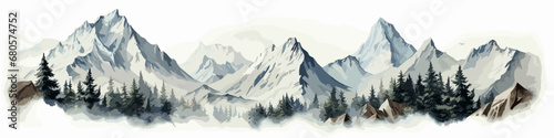 Rocky mountain vector shapes clipart on white background. Wide panoramic view. 