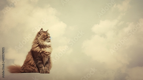 Red fluffy cat laying on sky background. Adorable bokeh with red leaves. Copy space. © PaulShlykov