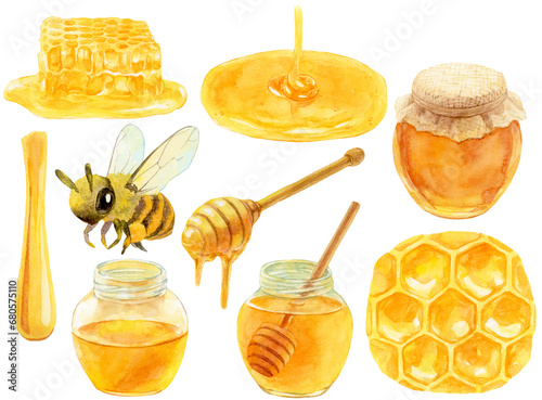 はちみつ　素材集　水彩画　はちみつ入り瓶　ハニーディッパー　垂れる蜂蜜 photo