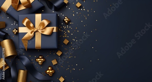 Merry Christmas and Happy New Year background with gold and blue baubles and gift boxes. 3d rendering