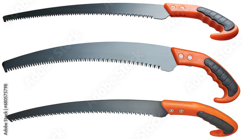 set of pruning hand saws, handy tool specifically designed for cutting through branches and small limbs with curve blade designed to make quick clean cuts through wood, isolated on white background photo