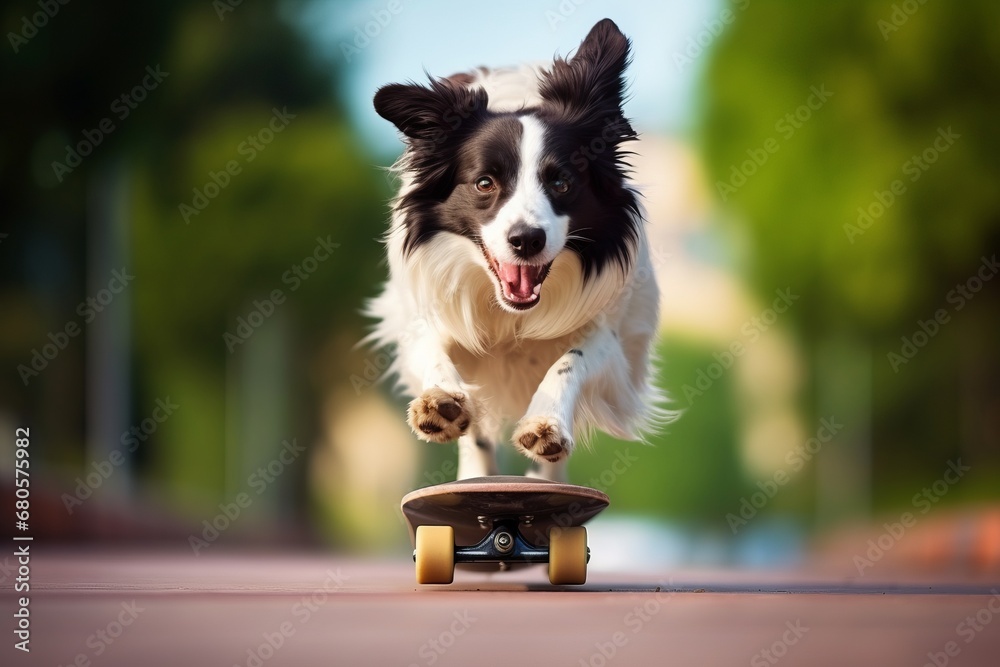 A dog rides a skateboard in a summer park. lack White Border Collie is having fun, active sports puppy. Generative AI.