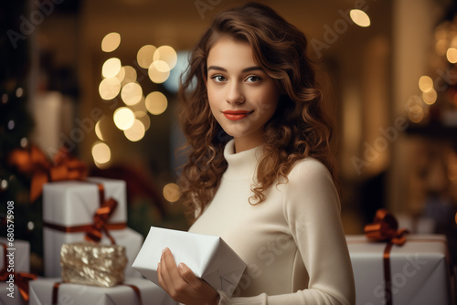 Beautiful woman portrait smiling woman with many gift boxes..Christmas and New Year concept