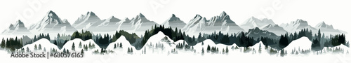 Rocky mountain vector shapes clipart on white background. Wide panoramic view. 