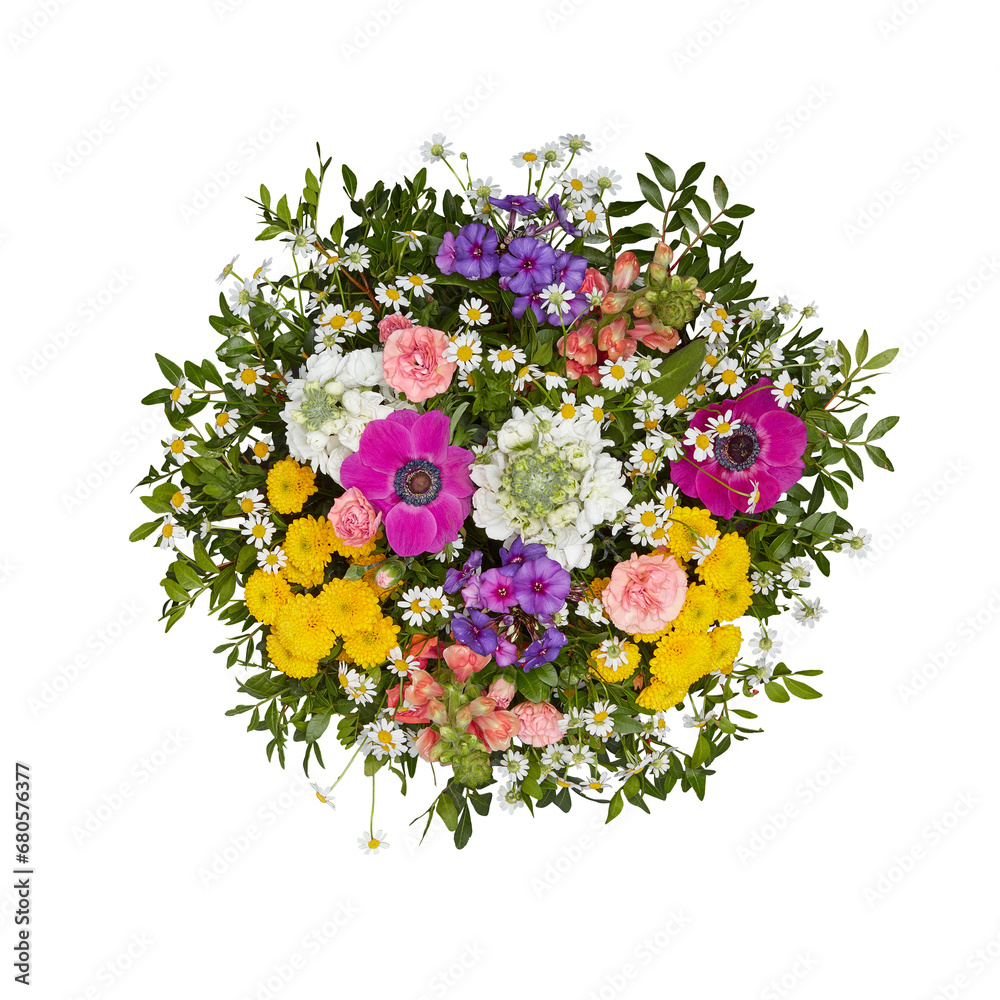 Fresh Bouquet of flowers, top view cut out isolated transparent background