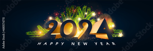 Happy New 2024 Year celebration poster template with light effect and fir tree branches.