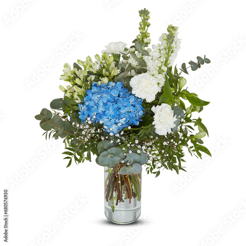 Fresh Bouquet of flowers in a glass vase cut out isolated transparent background